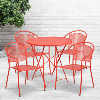 Flash Furniture CO-30RDF-03CHR4-RED-GG 30" Round Steel Folding Patio Table Set with 4 Round Back Chairs in Coral